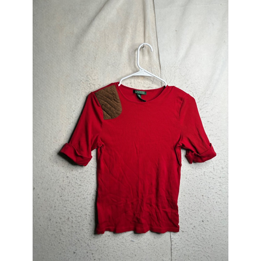 Lauren Ralph Lauren Red Ribbed Cotton Top Brown Quilted Shoulder Patch Large